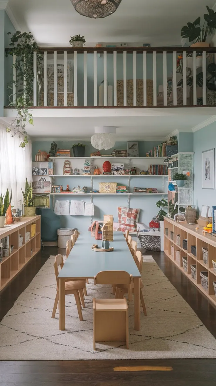 A stylish loft overlooks a combined playroom and dining area, featuring a long table flanked by chairs and toy storage, fostering both fun and family meals in one delightful space.
