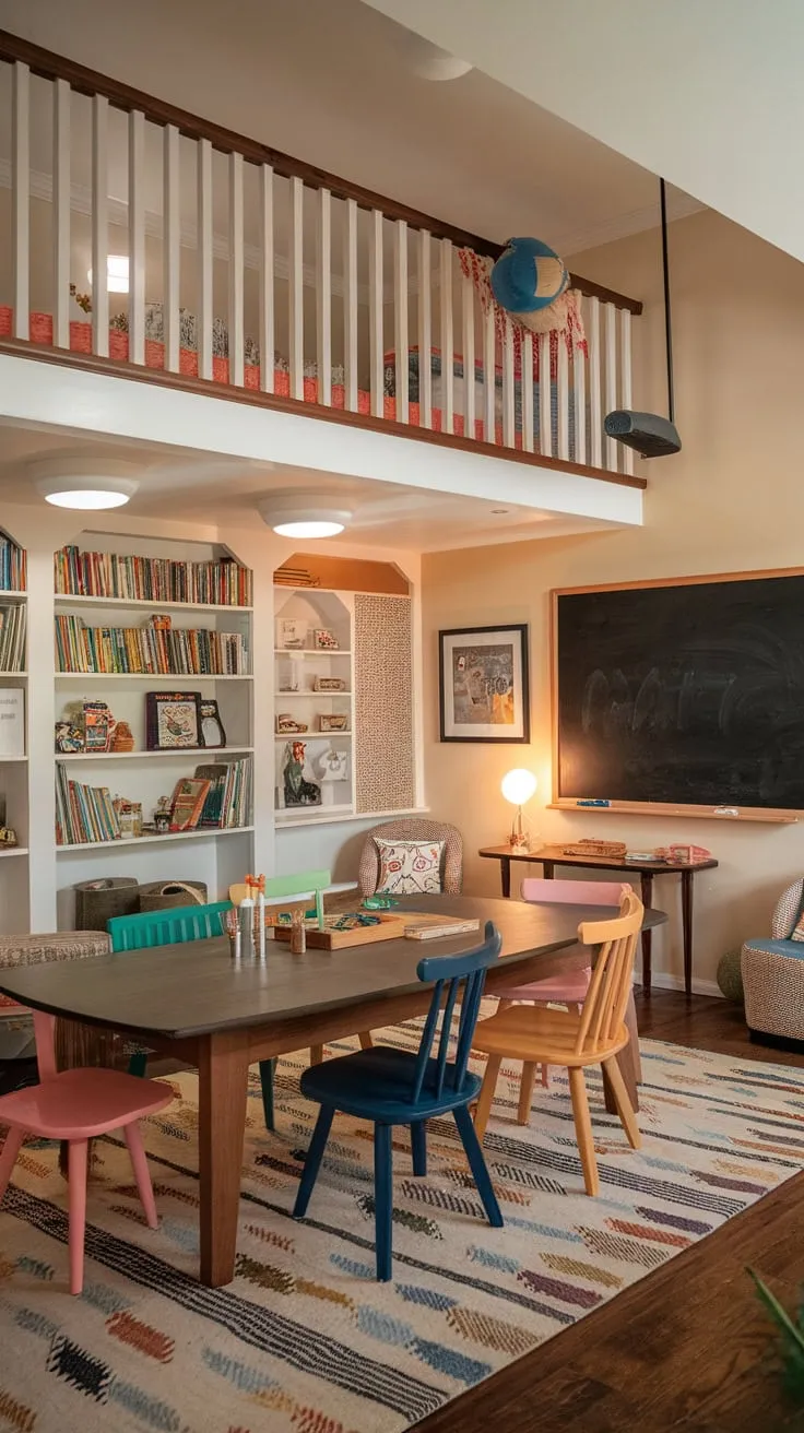A warm playroom-dining room combo features a large table, blackboard wall, loft area, and bookshelf brimming with books and toys, creating a fun and inviting space for both meals and play.