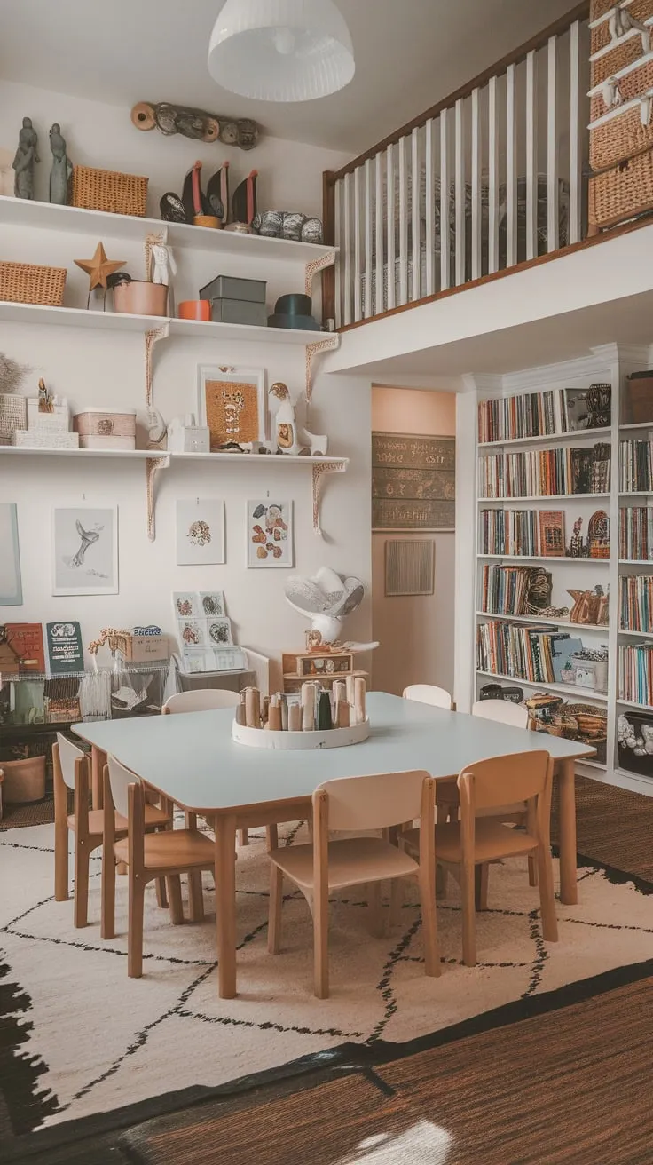 A transformed dining room offers both family meals and imaginative play, complete with a large table, loft, and built-in bookshelves.