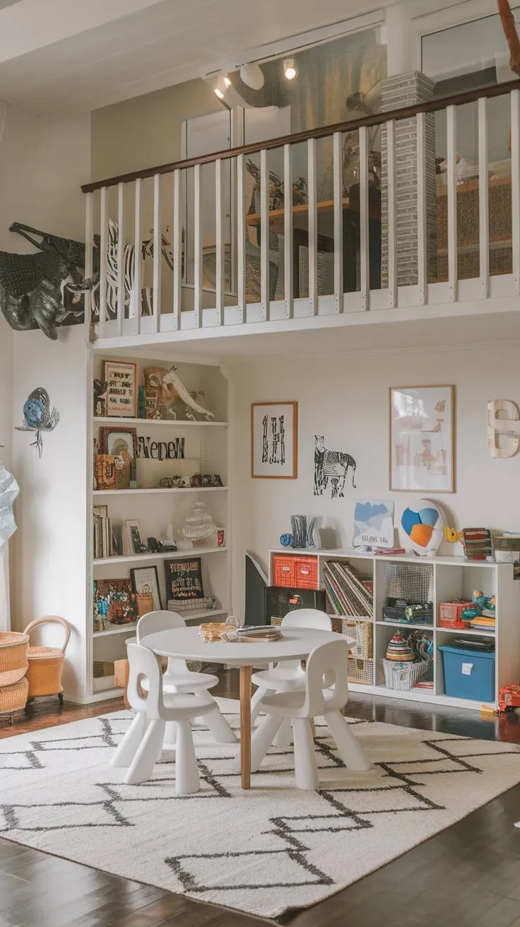 A versatile space transforms a dining room into a big-kid haven, combining a dining table with a loft, bookshelves, and toys.