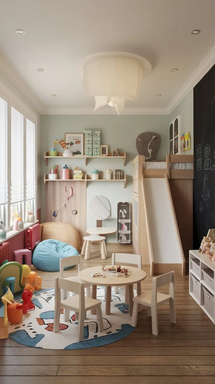 A sunlit playroom seamlessly blends a cozy dining area with a loft bed, slide, chalkboard wall, and reading nook, creating a fun and functional space for kids.