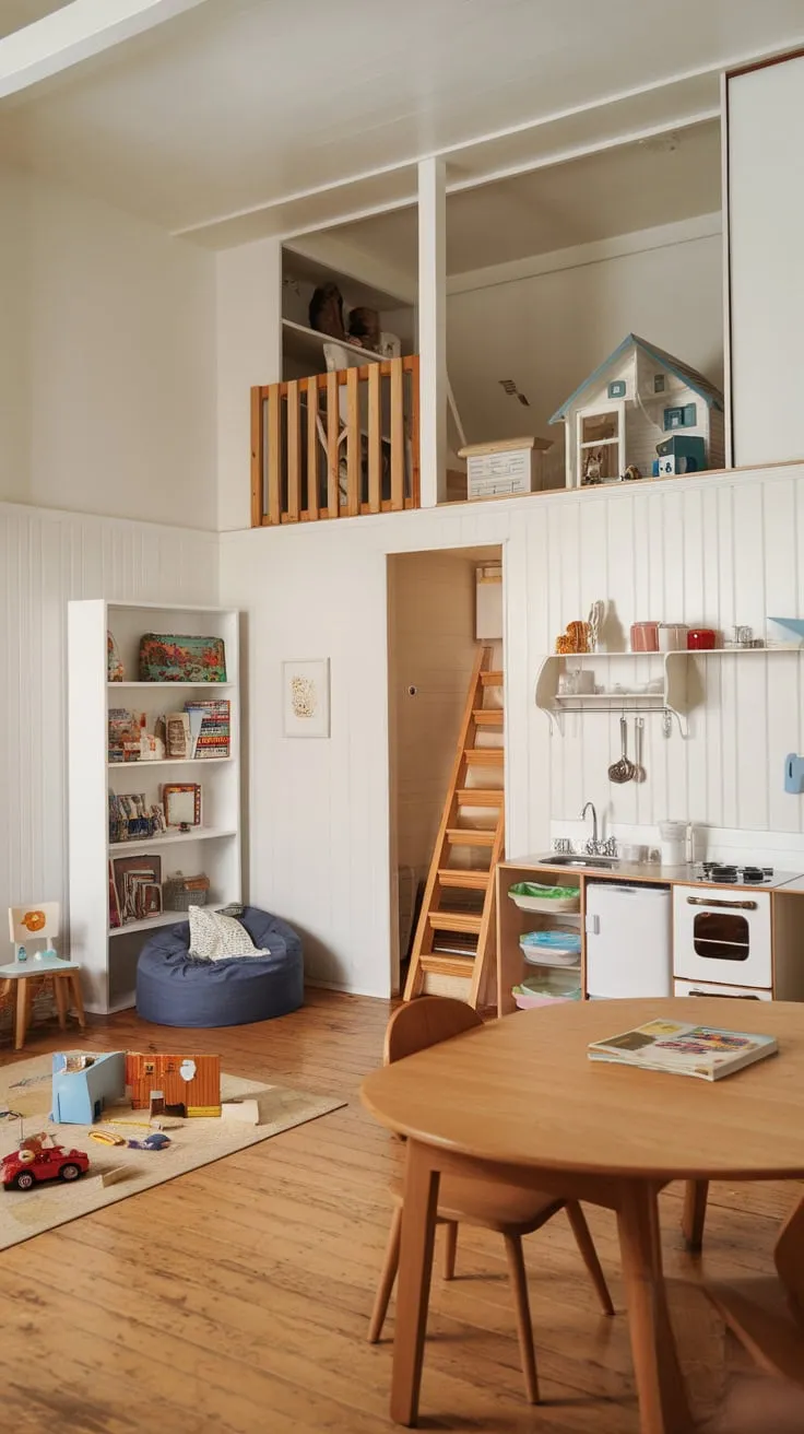 A bright white room seamlessly blends dining and play, featuring a wooden table, cozy reading nook, miniature kitchen, loft storage, and scattered toys within a charming wooden-floored space.