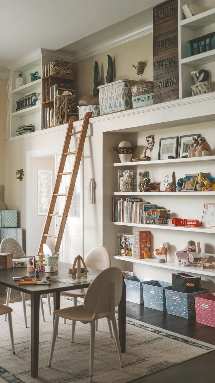This dining room to playroom transformation is a game-changer!  A loft playroom adds extra space for imaginative play, creating the perfect big kids playroom and in-home preschool, all within a cleverly designed small playroom and dining room playroom combo.  The result? A functional and fun homeschool room design that seamlessly blends learning and play.