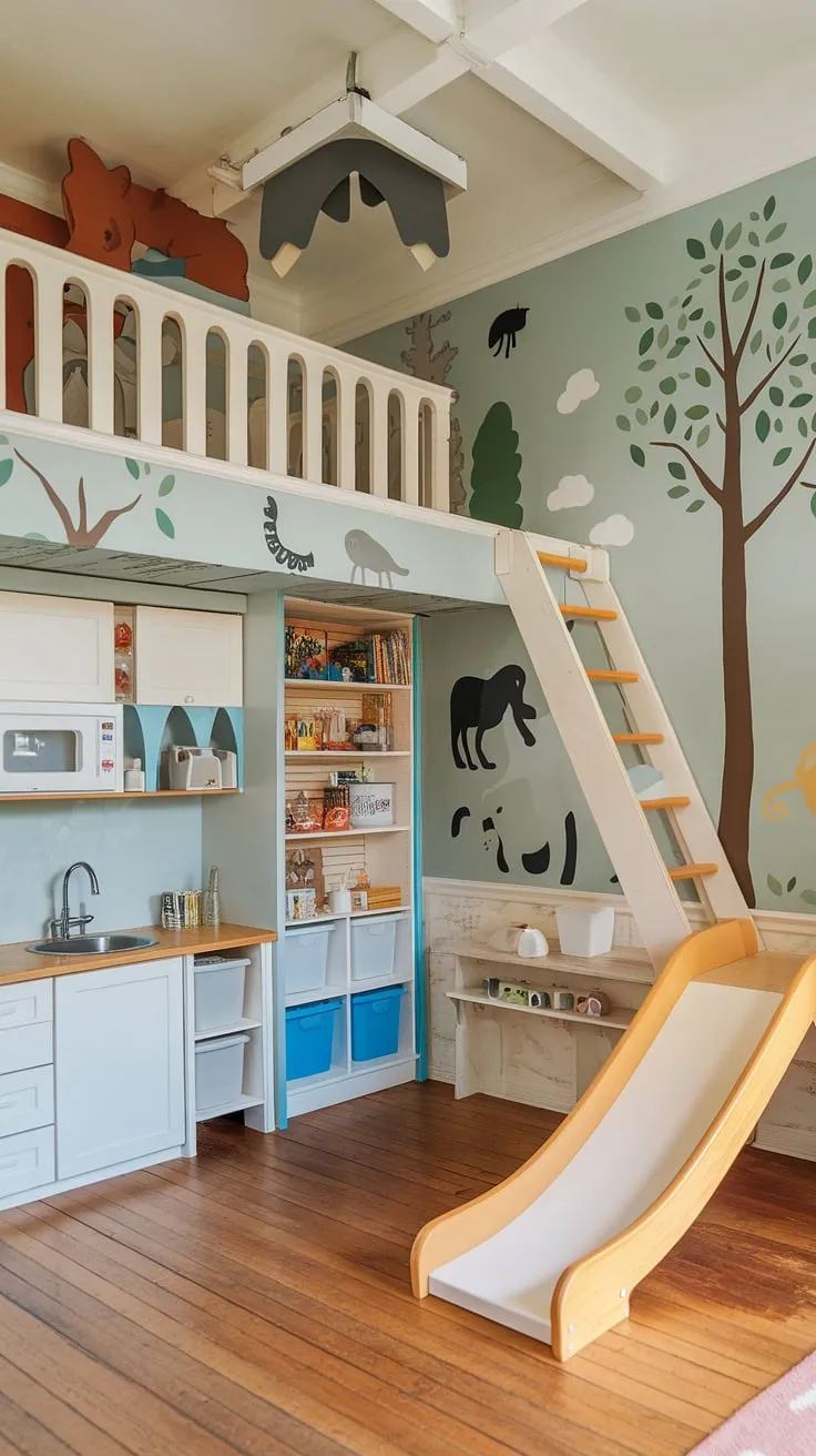 This small playroom, once a dining room, now boasts a loft playroom with a slide, proving that a dining room to playroom transformation can be epic!  The in-home preschool vibe is strong with this big kids playroom, complete with a miniature kitchen and whimsical murals.  A perfect example of a dining room playroom combo or a dining room into playroom conversion for creative homeschool room design.