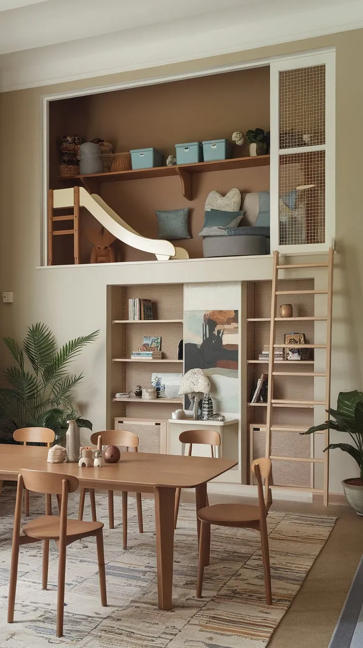 This ingenious playroom dining room combo transforms a small space into a vibrant hub for learning and play. The loft playroom, accessible by ladder, offers a dedicated area for big kids, complete with a slide and cozy seating, while the dining table below provides a perfect space for family meals and homeschool room design.  A seamless transition from dining room to playroom, this space is ideal for an in-home preschool or simply a fun, functional family area.