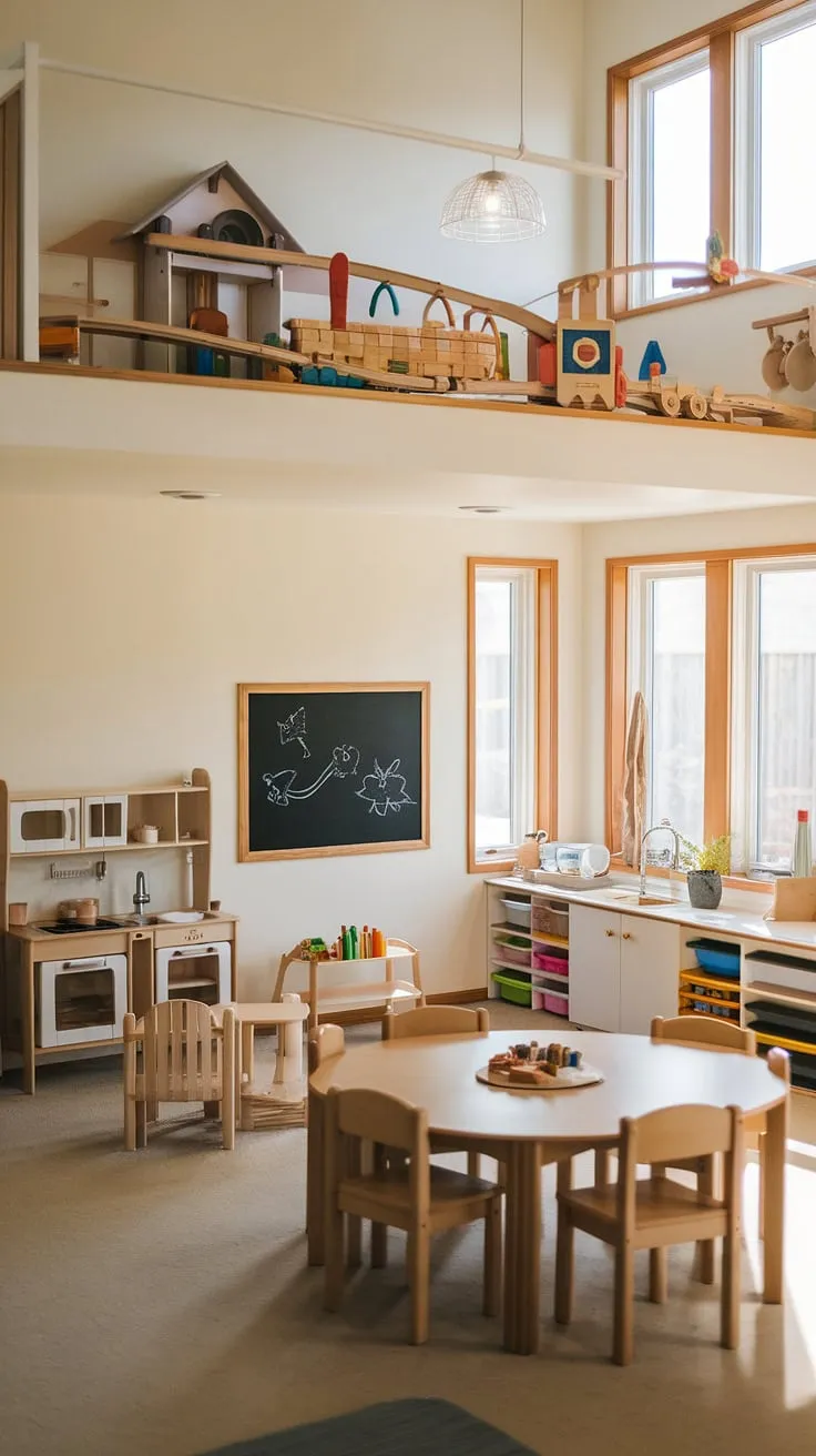 Learning and laughter collide in this ingenious playroom dining room combo!  A loft playroom brimming with big kids playroom toys – wooden trains, building blocks, and a play kitchen – overlooks a cozy dining area, seamlessly transforming this in-home preschool space into a haven of creativity and nourishment.  The clever dining room to playroom design maximizes space, proving that even a small playroom can be a world of wonder. This homeschool room design is a testament to imaginative space planning.
