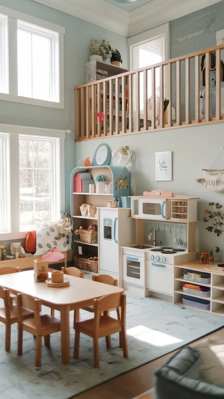 A home preschool's combined playroom and dining area offers a cheerful space with a dining table, play kitchen, and loft, fostering both learning and fun.