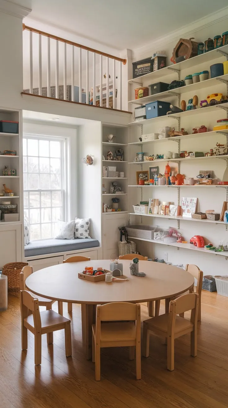 A former dining room now boasts a playful transformation with a large table, toy-filled shelves, and a delightful loft, all on a wooden floor.