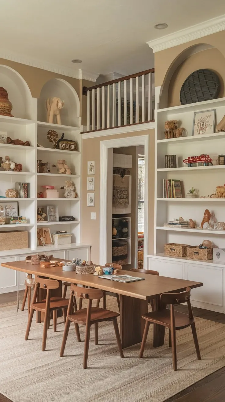 A charming loft-enhanced dining room transformation creates a playful space for big kids with a central table, abundant toy storage, and a cozy rug.