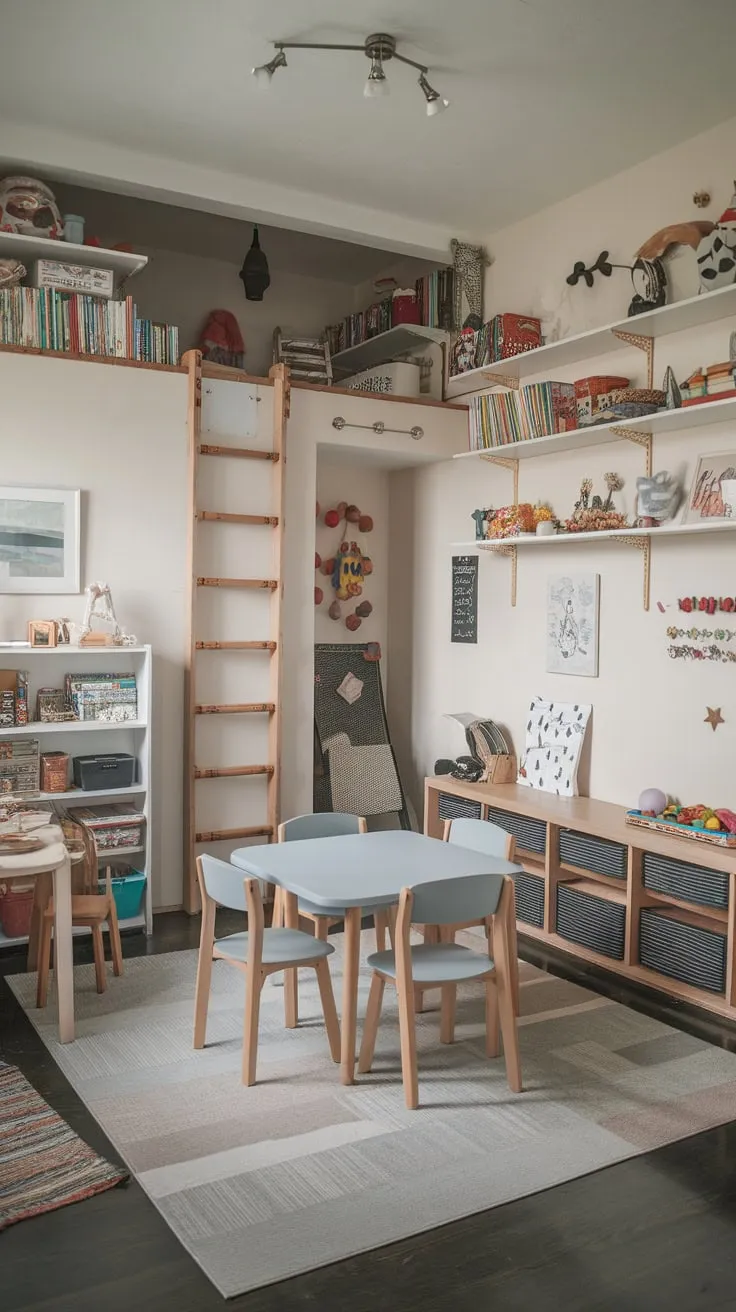A versatile playroom-dining room combo cleverly combines a functional dining area with a whimsical kids' space featuring a loft bed, toy shelves, and playful decor.