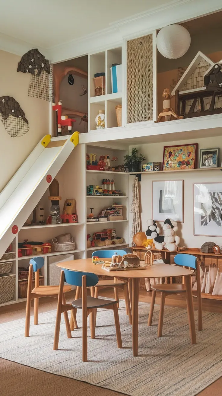 A repurposed dining room boasts a playful loft, slide, and dining area, creating a vibrant space for older children.