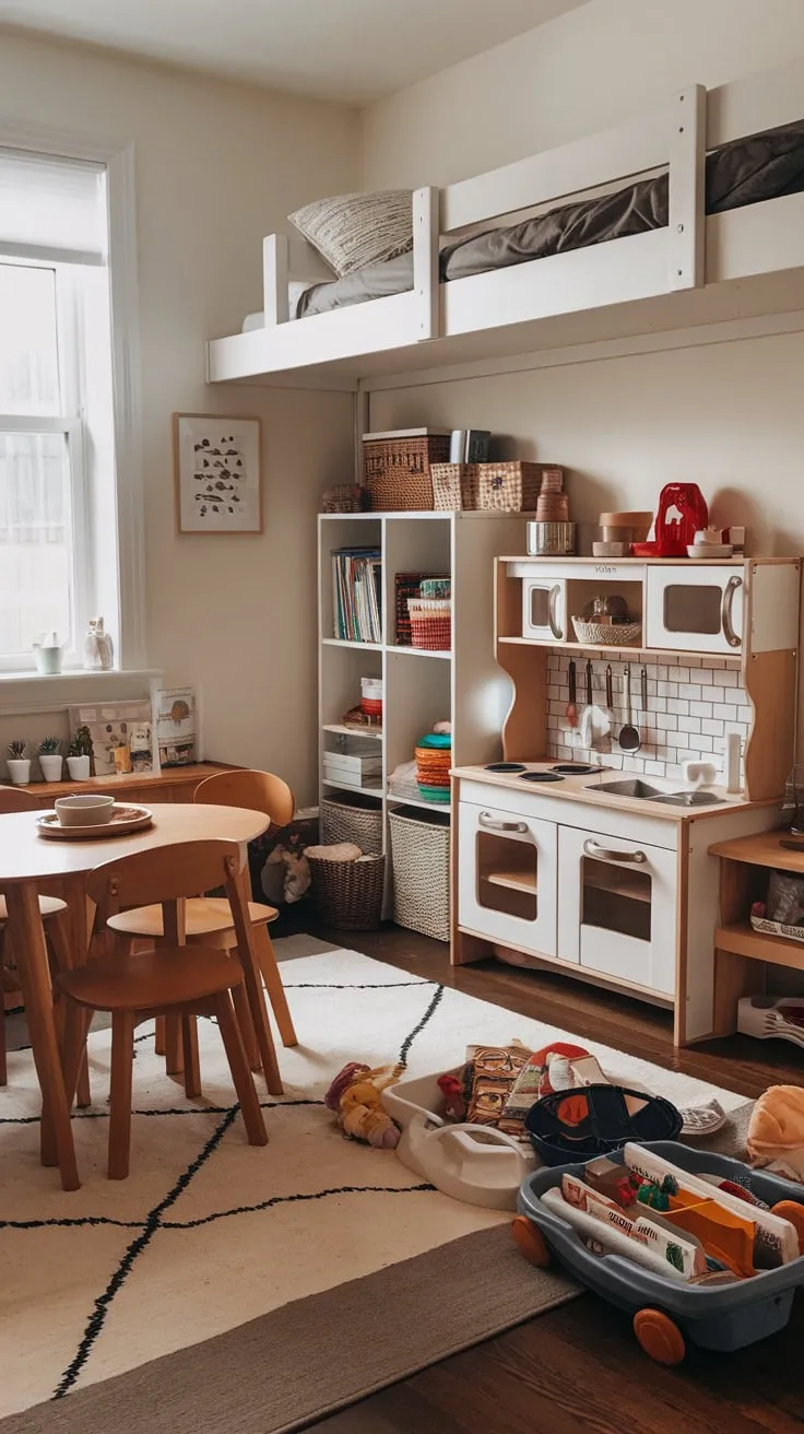 A clever room conversion seamlessly blends dining and play, featuring a table and chairs alongside a play kitchen, bookshelves, and a loft bed.