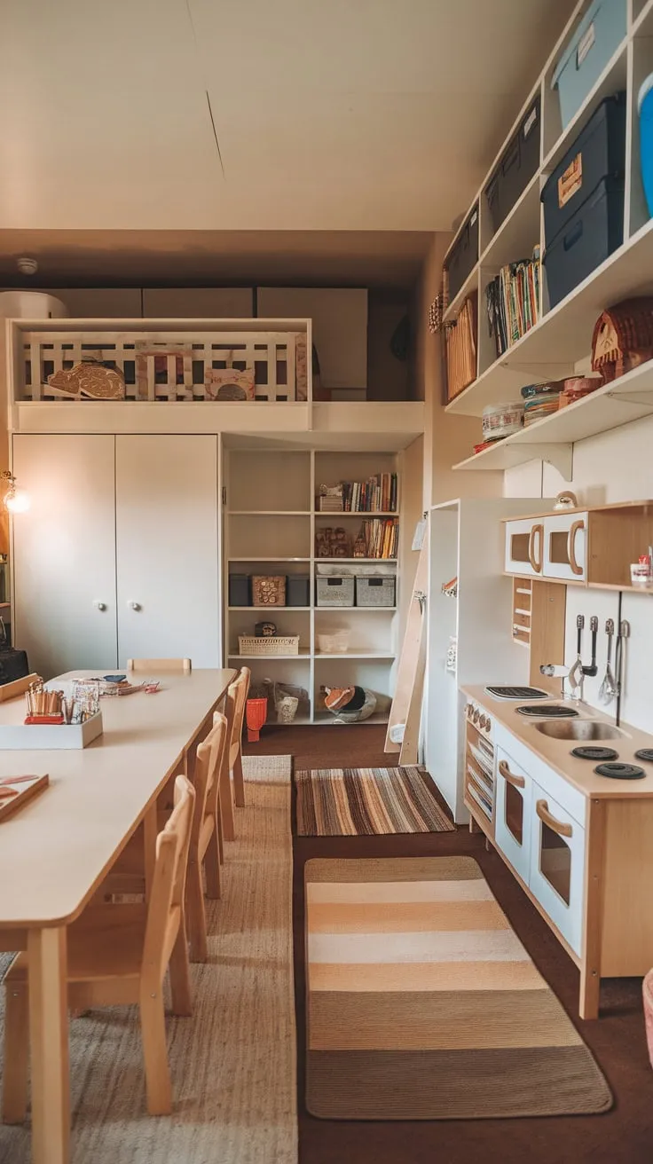Transforming a dining room into a versatile space, this playful design unites family meals and childhood adventures with a built-in loft, toy storage, and a charming play kitchen.