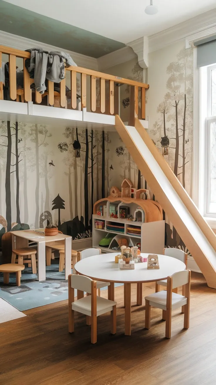 A whimsical forest mural adorns a wooden-floored playroom, complete with loft, slide, and repurposed dining table—a child's dreamland.