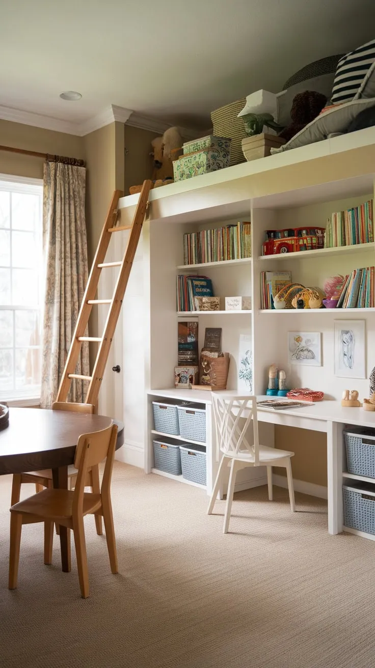 A beige-toned room seamlessly blends dining and play areas for older children, featuring a loft, desk, bookshelves, and a dining table.