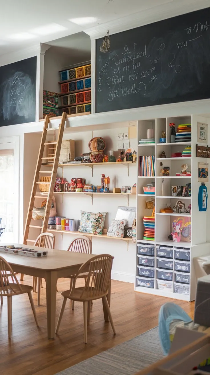 A multifunctional space seamlessly blends dining and play, featuring a loft, chalkboard wall, reading nook, and toy shelves within a charming wood-floored room.