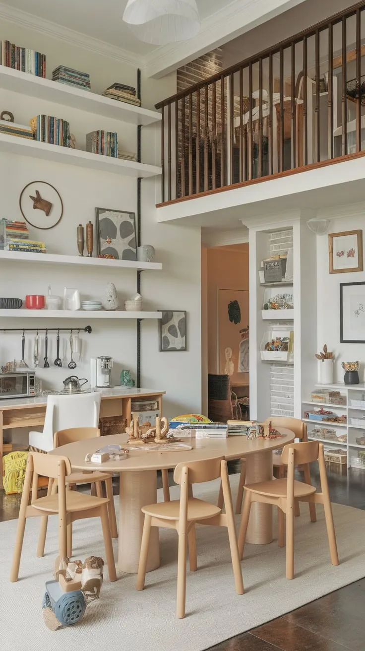 Transform your dining room into a dynamic playroom haven with a central table, loft, kitchenette, and built-in storage showcasing both toys and decorative elements.