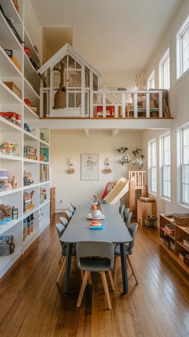 A versatile playroom dining room boasts a long table amidst playful shelves and a loft with a slide and climbing structure, seamlessly blending family meals and childhood adventures.