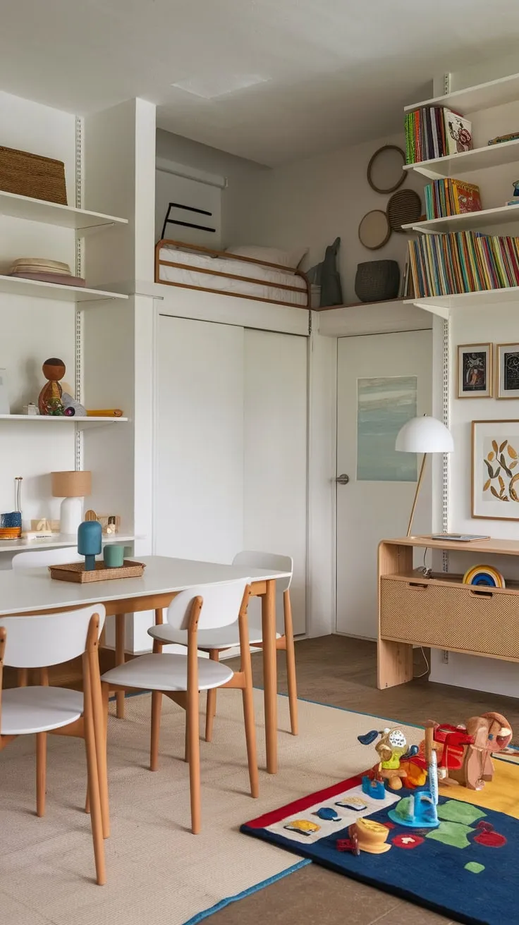 A versatile space seamlessly blends family dining with a child's playful haven, featuring a dining table, loft bed, and dedicated play area all within one room