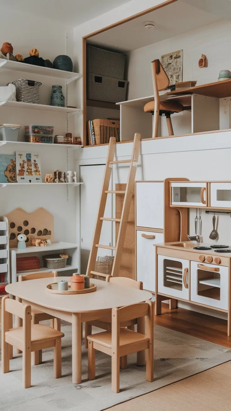A vibrant home preschool seamlessly blends learning and play in a single room with a dining table, play kitchen, loft workspace, and overflowing shelves of toys and books.
