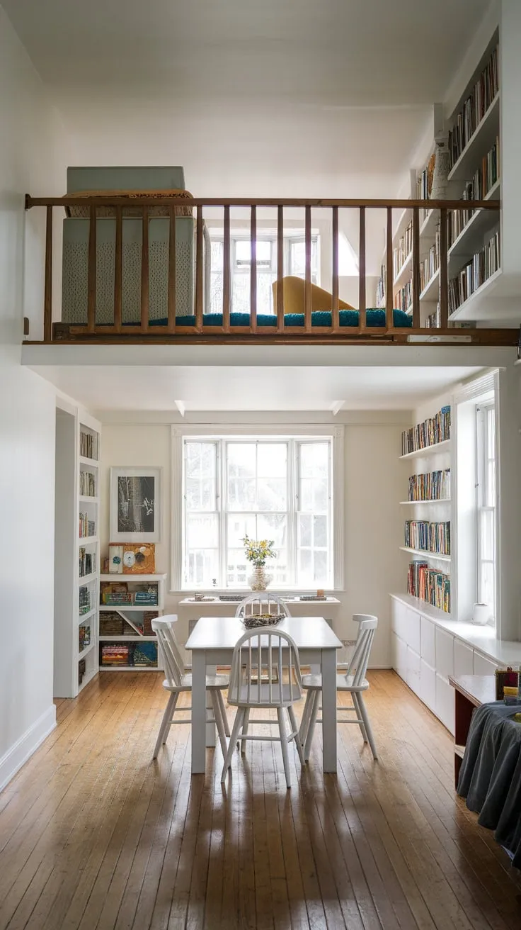 A loft-style playroom cleverly incorporates a white dining set below, creating a dynamic family zone.