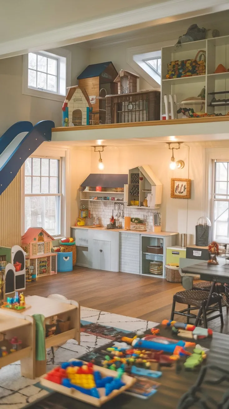 Transform your dining room into a kids' haven featuring a loft, slide, and imaginative play spaces perfect for big kids.