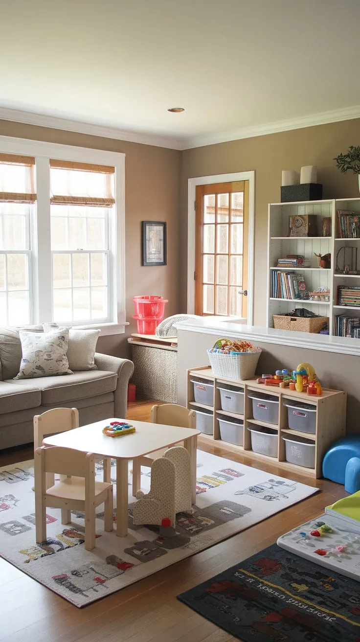 Seamlessly blending family time and playtime, this family room playroom combo boasts a clever playroom layout.  The dedicated playroom area, complete with a charming play corner and smart living room toy storage solutions, ensures both relaxation and fun coexist beautifully within this thoughtfully designed family room layout.