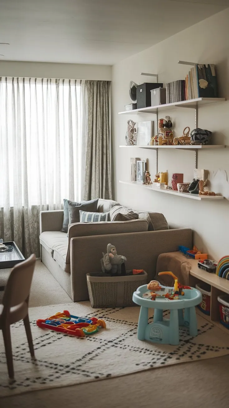 This stunning family room playroom showcases a brilliant playroom living room design.  The thoughtful family room layout incorporates a charming play corner, complete with a rug and toys, creating a dedicated space for kids to play.  Clever living room toy storage on the bookshelf keeps things organized, making this playroom area a joy for both parents and children.  A perfect example of a successful playroom family room combo.