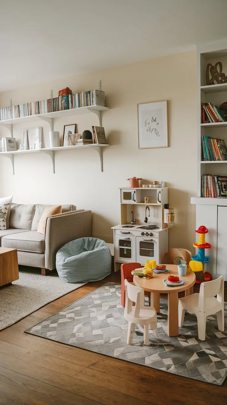 Where family time and playtime seamlessly blend. This family room playroom combo boasts a clever playroom layout, maximizing space with a dedicated play corner featuring a toy kitchen and comfy seating, while still offering a cozy reading nook and ample space for family relaxation.  The integrated living room toy storage keeps things tidy, creating a harmonious playroom living room environment.