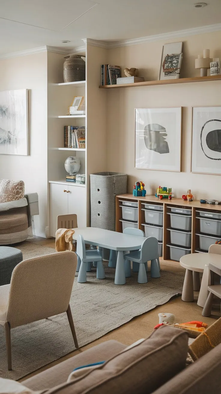 This stunning family room playroom design effortlessly combines comfort and play.  The playroom living room offers a practical playroom layout, with designated zones for both relaxation and imaginative play.  Smart living room toy storage solutions keep the space tidy, while the inviting family room playroom creates a warm and welcoming atmosphere for everyone.  A true play corner masterpiece!