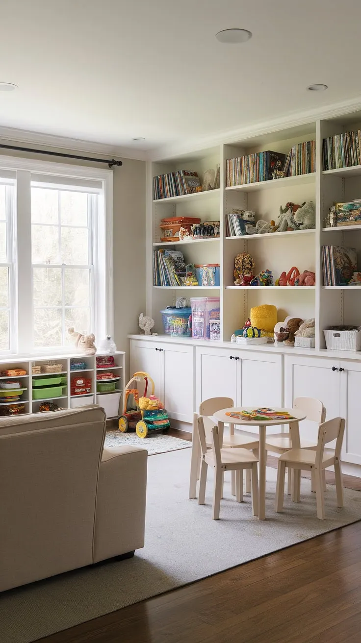 This family room playroom design perfectly balances adult comfort and child-friendly fun.  The thoughtful playroom layout features a designated play corner, easily accessible yet separate from the main family room seating area.  Clever living room toy storage keeps clutter at bay, creating a welcoming and functional family room playroom space.