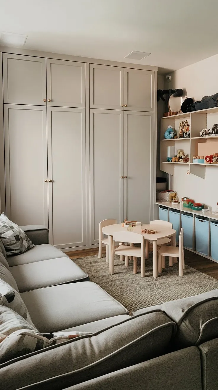 This family room playroom combo seamlessly blends relaxation and fun.  The clever playroom layout, complete with a dedicated play corner and ample living room toy storage, ensures both parents and kids have their own space within this thoughtfully designed family room playroom.