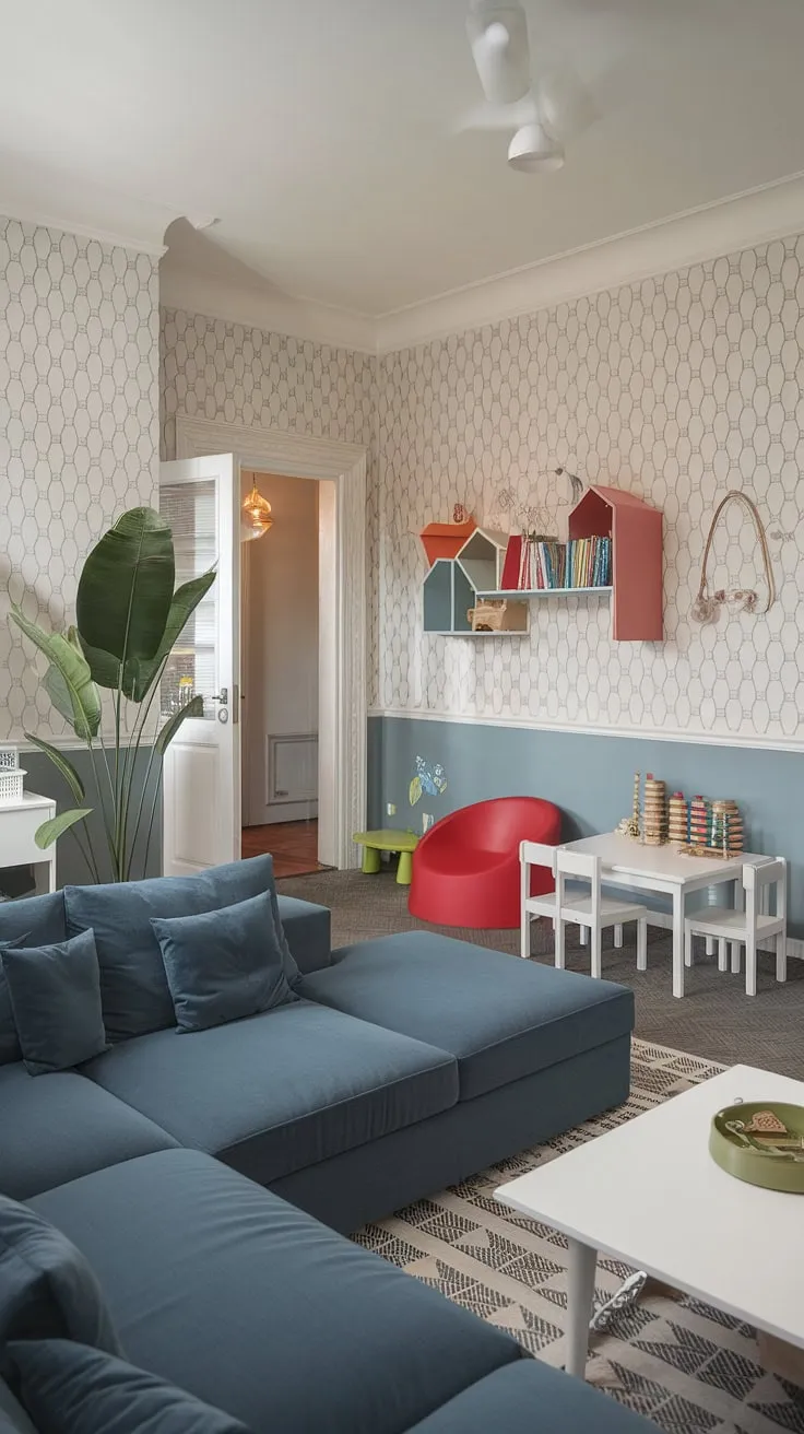 This stunning playroom living room design is the ultimate family room playroom.  The thoughtful playroom area, featuring a charming play corner and white table, integrates effortlessly into the sophisticated family room design.  This clever playroom layout offers ample space for both relaxation and imaginative play, all while maintaining a stylish aesthetic.