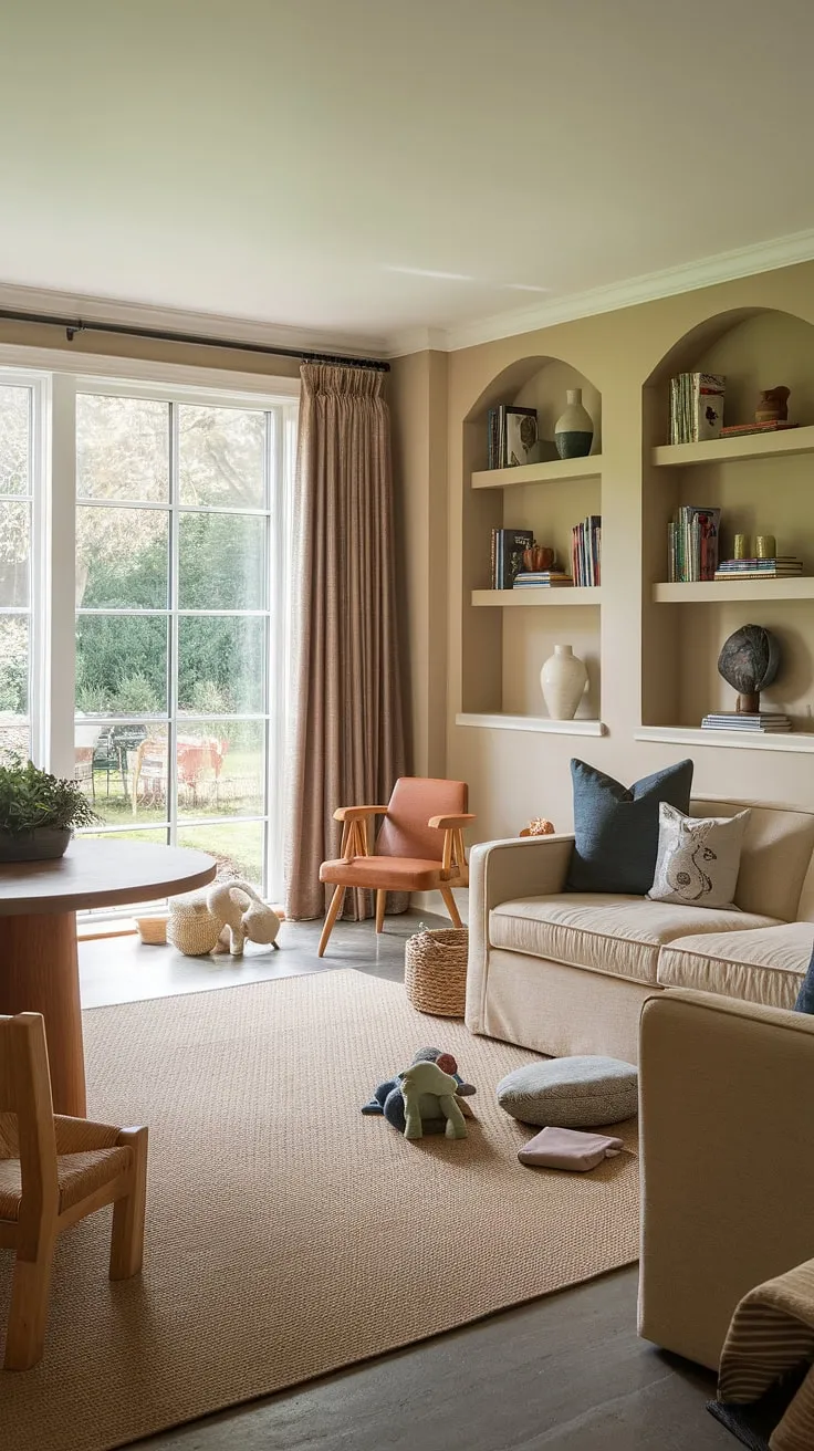 Where family time and playtime seamlessly blend. This family room playroom combo boasts a clever playroom layout, maximizing space with a dedicated play corner and smart living room toy storage solutions. The natural light and garden view create a calming atmosphere for both relaxation and imaginative play.