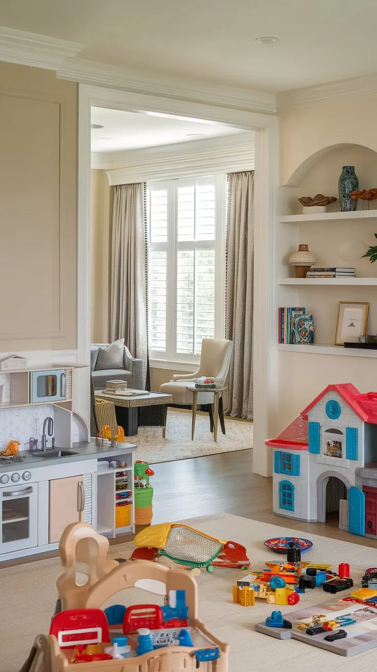 Seamlessly blending family time and playtime, this playroom family room combo boasts a clever playroom layout.  The dedicated playroom area, complete with a play kitchen, dollhouse, and building blocks, flows effortlessly into a cozy family room, offering a perfect balance of relaxation and fun.  Smart living room toy storage solutions keep the space clutter-free, while the designated play corner ensures a dedicated space for imaginative adventures. This family room playroom design is the ultimate in family-friendly living.
