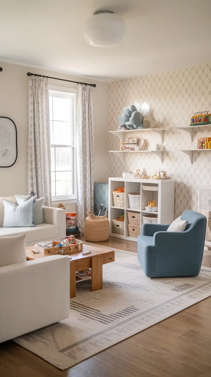 A dream family room playroom! This playroom living room design showcases a fantastic playroom area, cleverly integrated into the overall family room layout.  The designated play corner, combined with thoughtful living room toy storage, creates a harmonious space where kids can play and families can relax.  The perfect blend of form and function in a stunning playroom and family room combo.