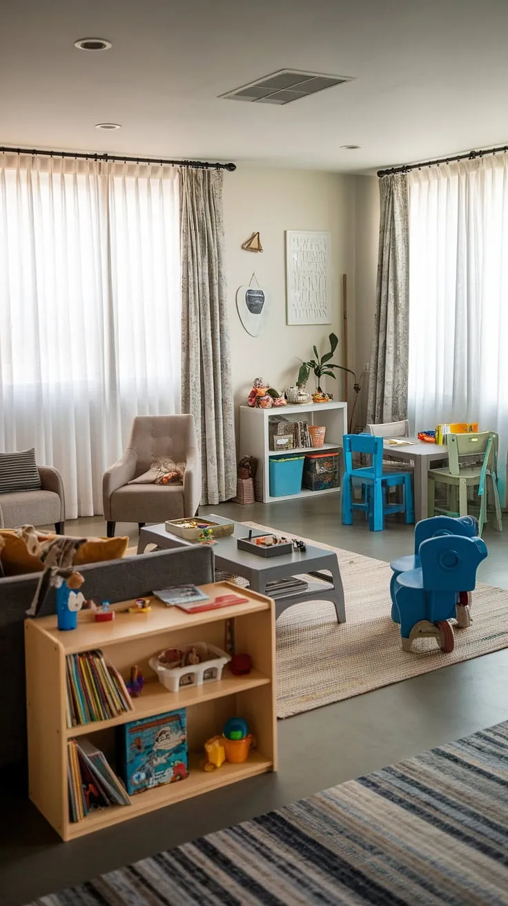 The perfect playroom living room combination! This playroom area offers a dedicated space for imaginative play, while the family room layout provides a comfortable spot for adults to relax.  The thoughtful design incorporates practical living room toy storage and a charming play corner, making it a truly functional and stylish family room playroom.