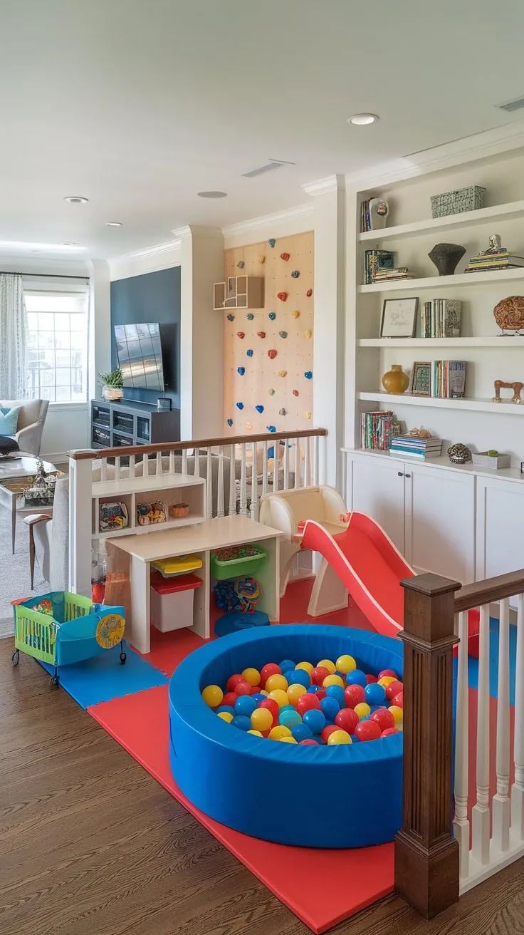 This stunning family room playroom combo seamlessly blends relaxation and fun.  The clever playroom layout maximizes space with a dedicated play corner featuring a slide, ball pit, and climbing wall, while integrated living room toy storage keeps things tidy.  The open design allows parents to supervise playtime while enjoying the family room area, creating a truly harmonious family room playroom living space.