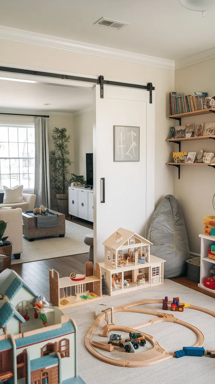 This stunning playroom living room design offers the best of both worlds.  The family room layout seamlessly integrates a designated play corner, cleverly concealing toys yet keeping them readily accessible.  This innovative playroom area features thoughtful living room toy storage, ensuring a clutter-free family room while providing ample space for imaginative play.  The result? A harmonious family room playroom combo that's both stylish and functional.