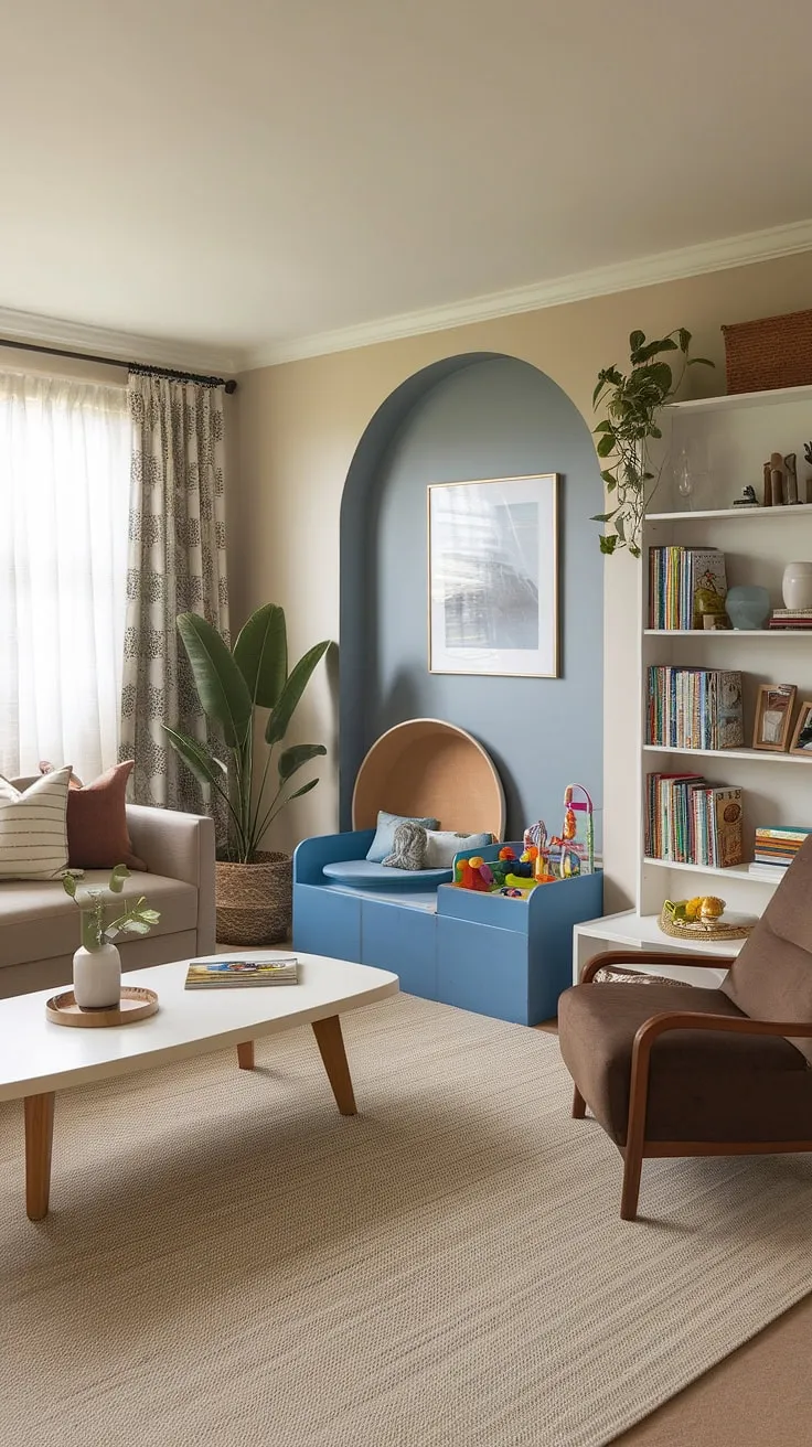 This family room layout masterfully integrates a dedicated playroom, creating a harmonious playroom living room space.  The cleverly designed playroom area, featuring a cozy play corner and ample living room toy storage, makes playtime effortless.  This family room playroom combo is a testament to functional and stylish design, offering a perfect balance of relaxation and child-friendly fun.