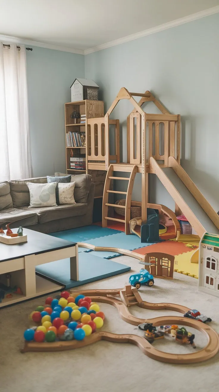 This family room playroom combo seamlessly blends relaxation and fun.  The clever playroom layout maximizes space, creating a dedicated playroom area within the family room layout, complete with a charming play corner and smart living room toy storage solutions.  The result? A harmonious space where family time and playtime coexist beautifully.