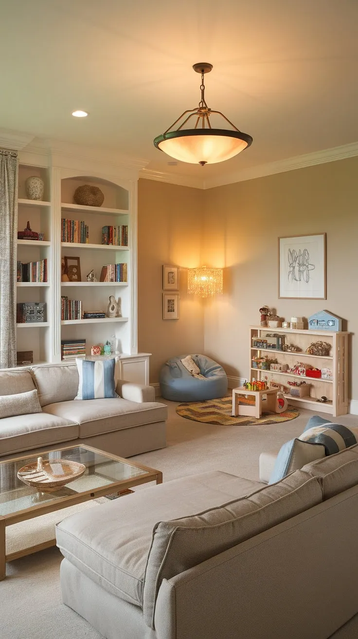 A harmonious blend of family room and playroom, this space showcases a brilliant playroom layout.  The designated play area, complete with a cozy bean bag chair and ample toy storage, is perfectly integrated into the overall design.  This playroom living room offers the best of both worlds, creating a comfortable and playful environment for the whole family.