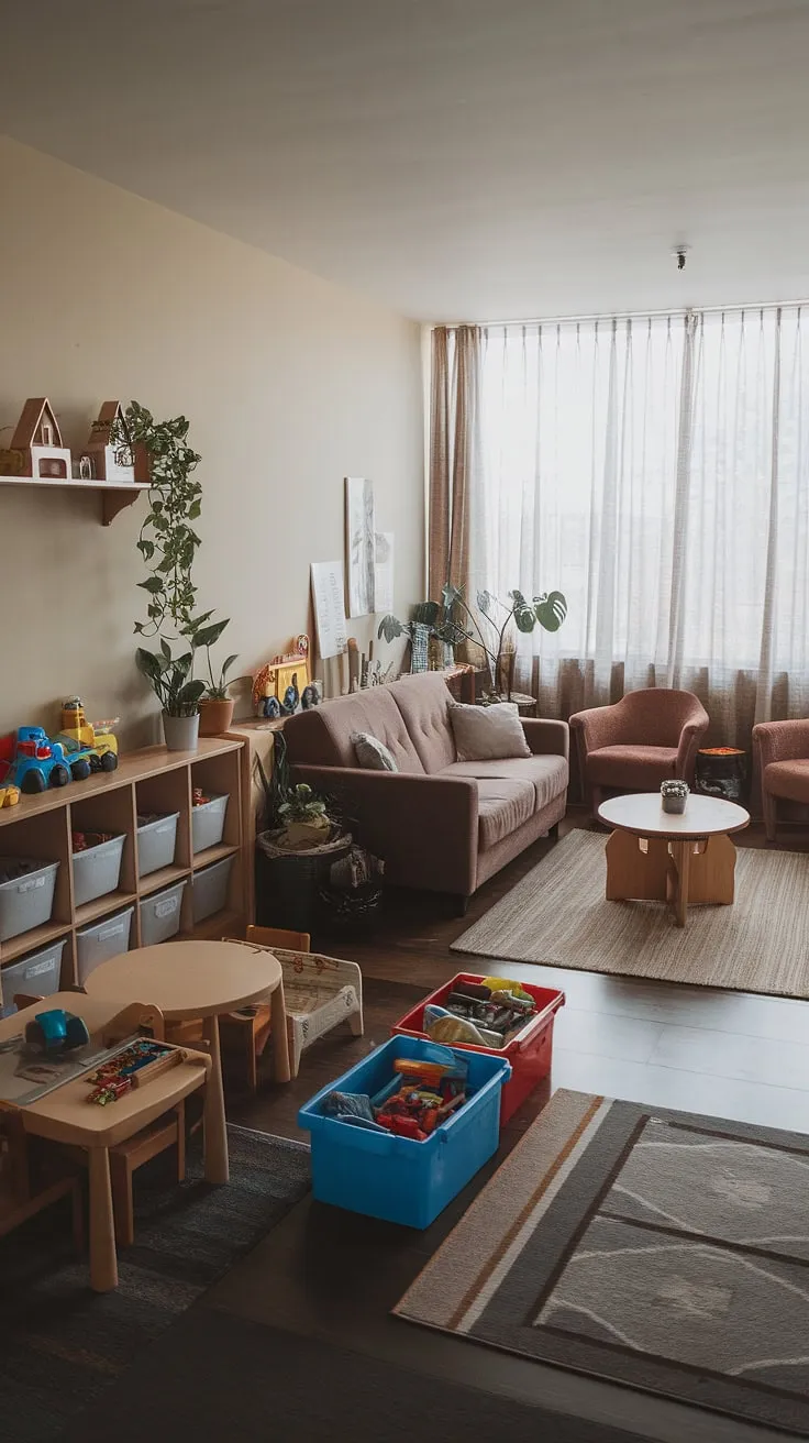 This playroom living room design is a masterclass in family-friendly living.  The thoughtful playroom layout creates a designated playroom area without sacrificing adult space.  Smart living room toy storage solutions keep things tidy, while the inviting family room playroom combo ensures everyone feels at home.  A dedicated play corner adds a touch of whimsy to this functional and stylish space.