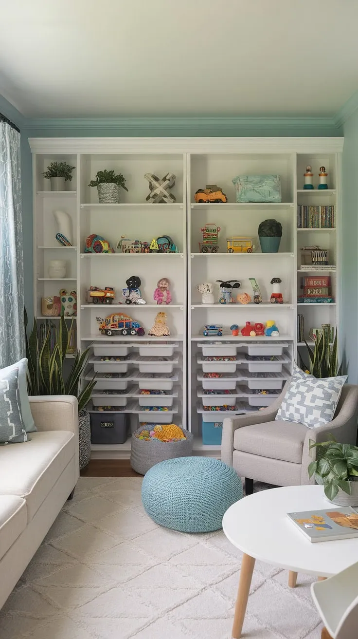 Seamlessly blending family time and playtime, this playroom family room combo boasts a clever playroom layout.  The dedicated play corner, complete with ample living room toy storage, ensures organized fun, while the beige couch and gray chair offer parents a relaxing space to unwind.  The light blue walls create a calm atmosphere in this thoughtfully designed family room playroom.