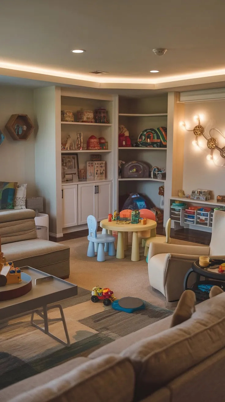 Where family time and playtime seamlessly blend. This family room playroom combo boasts a clever playroom layout, maximizing space with dedicated playroom area and smart living room toy storage solutions. The play corner is a favorite, while the comfortable sectional offers parents a relaxing spot to watch the fun unfold.