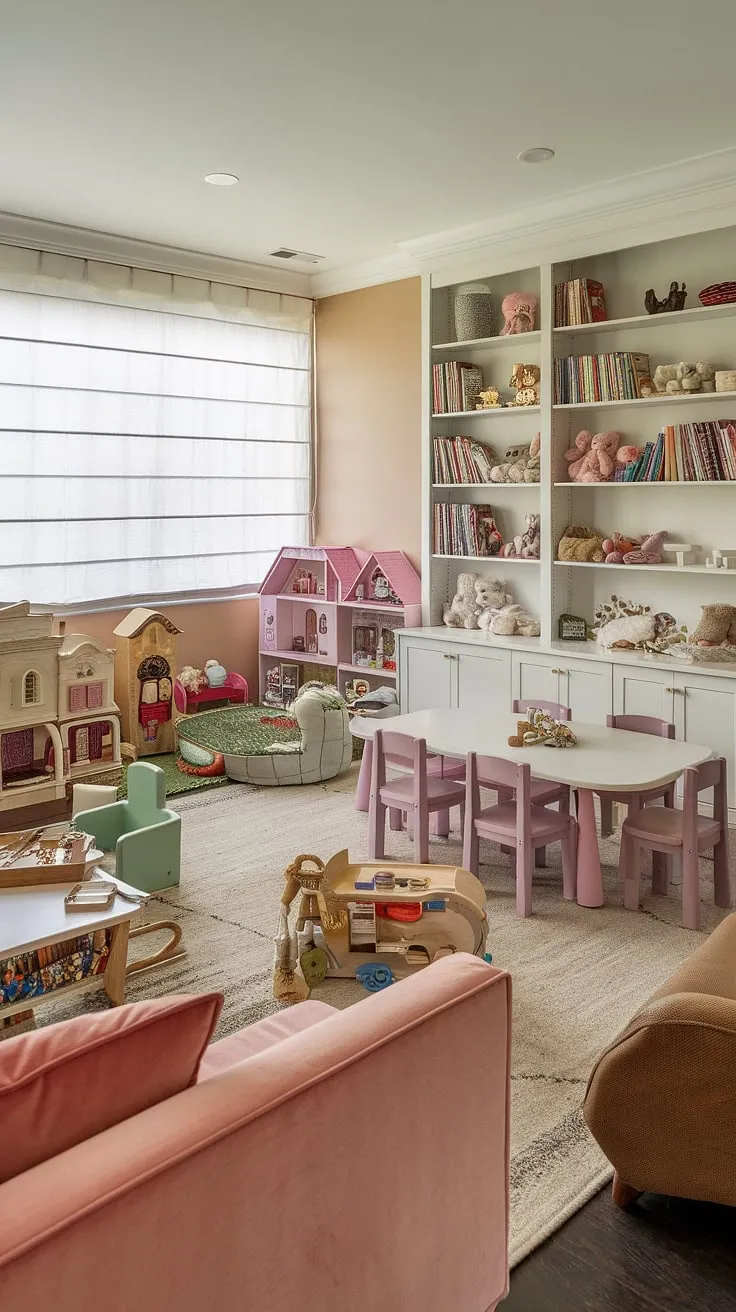 This family room playroom combo seamlessly blends comfort and fun.  The clever playroom layout maximizes space, with a dedicated play corner featuring a green chair and small table, while the living room toy storage is cleverly integrated into the white bookshelf.  The beige family room couch offers a relaxing space for adults while kids enjoy the pink playroom area and its abundance of toys.  This family room playroom design is a perfect example of a functional and stylish family room layout.