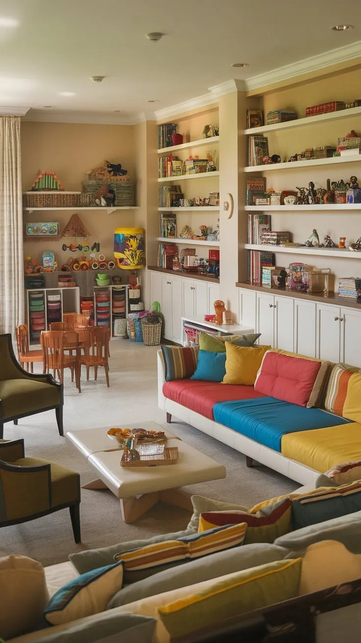 Where family time and playtime seamlessly blend. This family room playroom combo boasts a clever playroom layout, maximizing space with dedicated playroom area and smart living room toy storage solutions.  The inviting family room playroom design features a cozy seating area alongside a dedicated play corner, making it the perfect space for both relaxation and imaginative adventures.