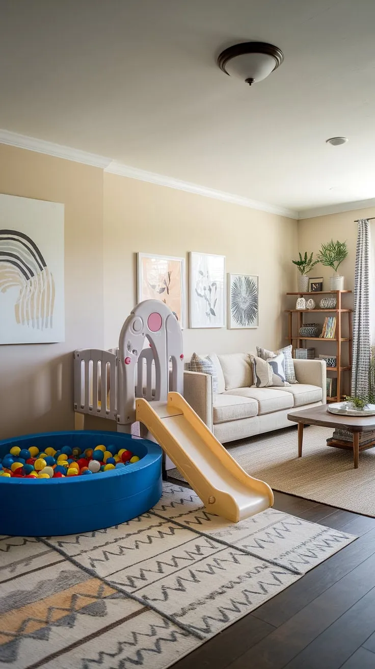 This family room playroom combo seamlessly blends relaxation and fun.  The clever playroom layout maximizes space, with a dedicated play corner featuring a slide and ball pit, while the family room offers a cozy sofa, coffee table, and bookshelf for grown-up downtime.  Smart living room toy storage solutions keep the space clutter-free.