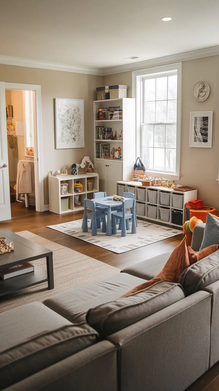 This family room playroom combo seamlessly blends relaxation and fun.  The clever playroom layout maximizes space, with a dedicated play corner near the window offering ample room for imaginative play.  Smart living room toy storage solutions keep the family room area tidy, while the overall family room layout promotes both family time and independent play.