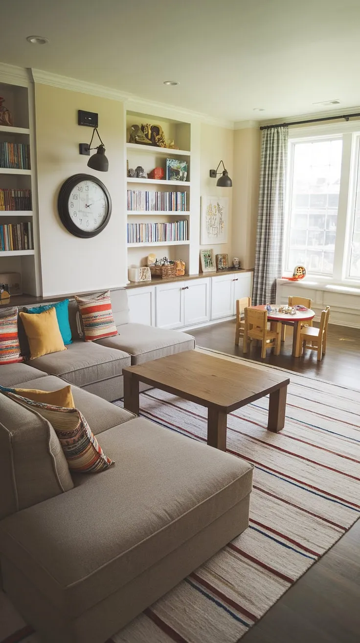 The perfect playroom living room design! This family room playroom combo boasts a fantastic playroom area tucked away near the window, complete with a small table and chairs.  The family room layout is equally inviting, with a large comfortable sofa and stylish bookshelves.  This ingenious design showcases how to effortlessly integrate a playroom into a family room, offering both parents and children a space they'll love.